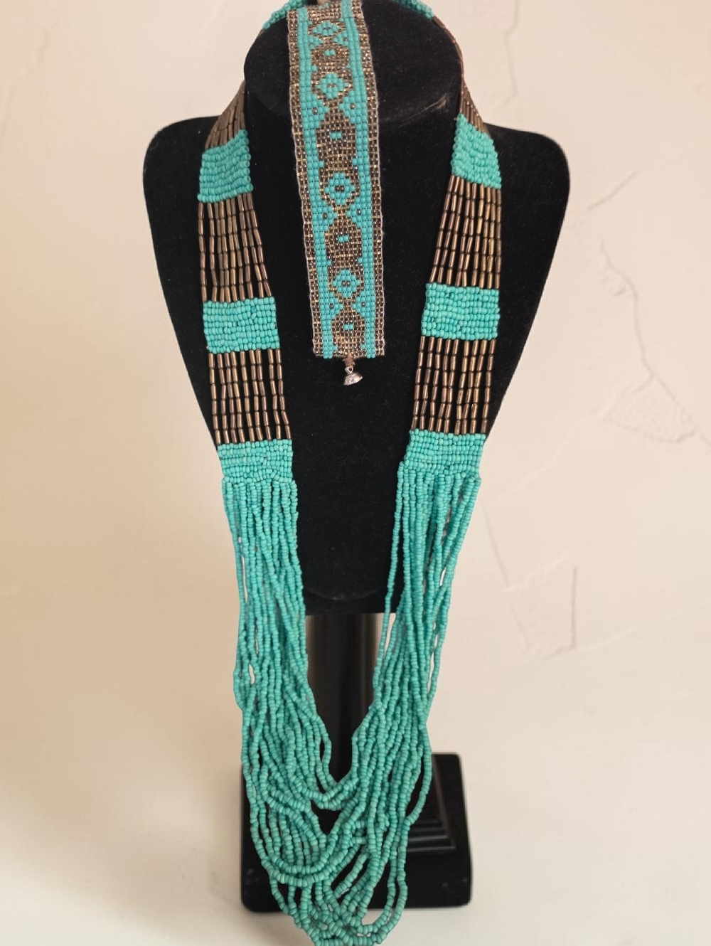 Multistrand Brass and Seed Bead Ethnic Necklace  & Bracelet